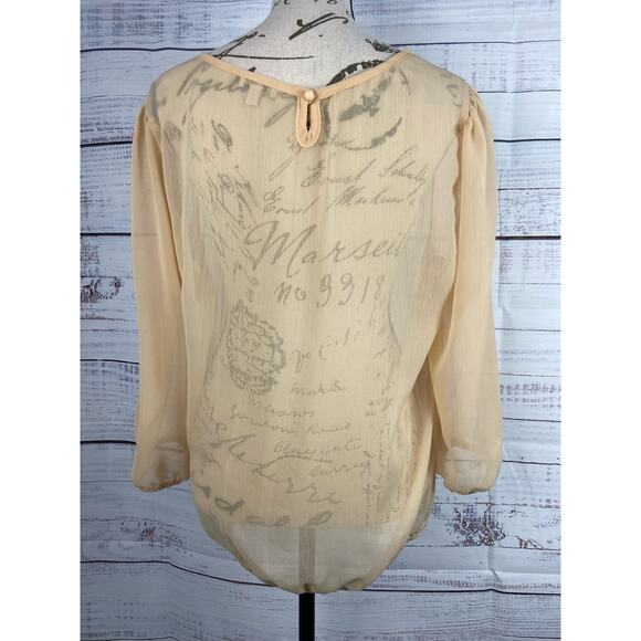 Lily White Blouse Top Womens L Sheer Chiffon Lace Keyhole 3/4 Sleeves Layering - Picture 3 of 10